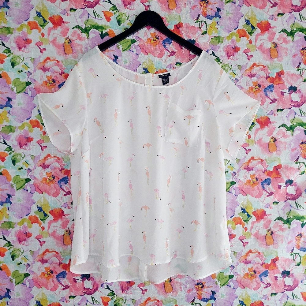 Torrid 3 Pink Flamingo Print Short Sleeve Semi-Sheer Blouse with Button Back